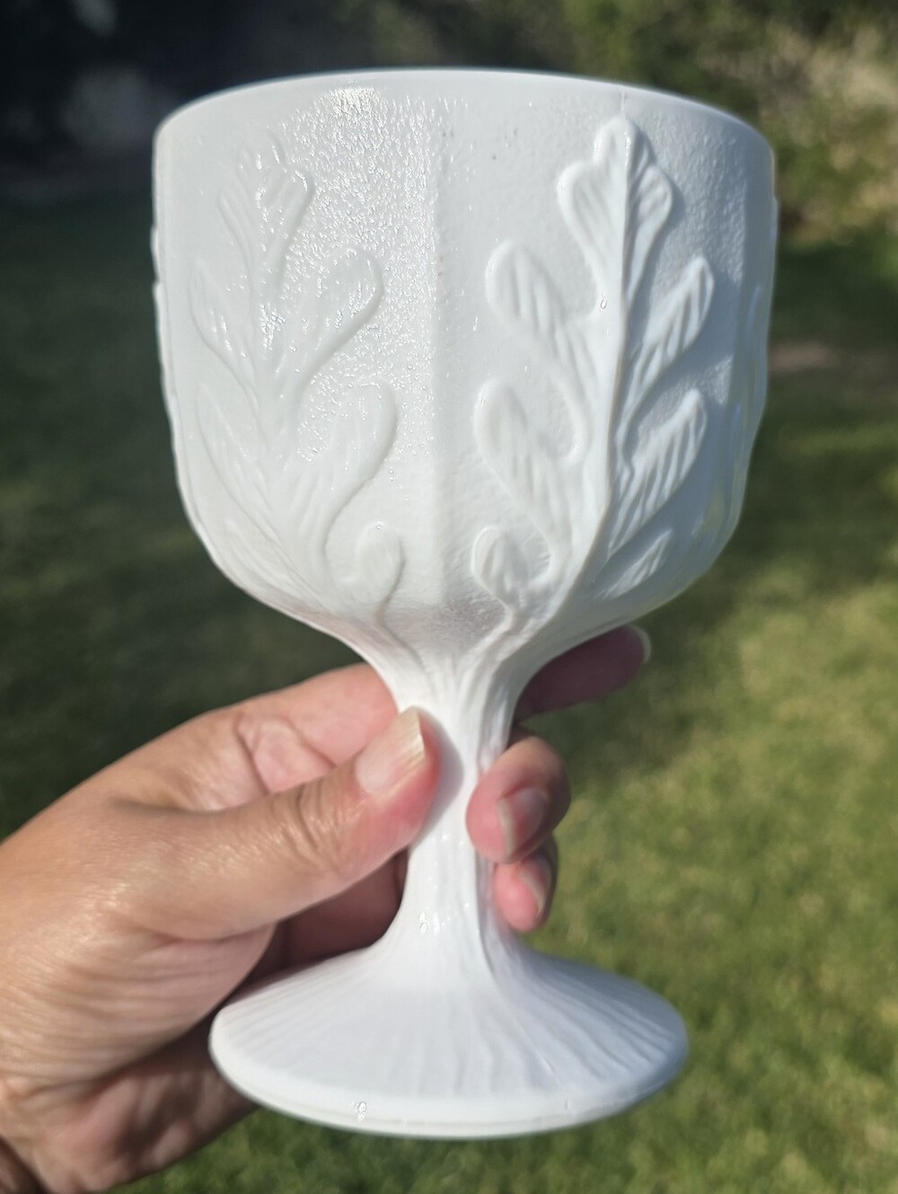 Vintage FTD White Milk Glass Oak Leaf Pedestal Compote Goblet Vase 1975